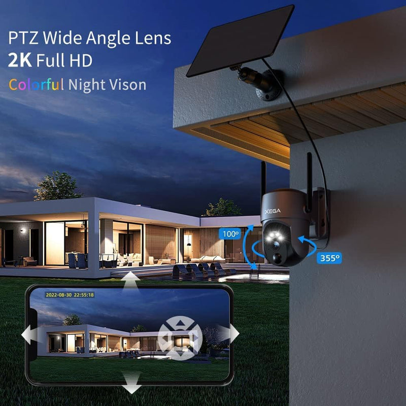 Xega Security Camera Wireless Outdoor 2K 360° PTZ Camera Solar Security Cameras 2.4G WiFi Video Surveillance w/Spotlight & Siren, Color Night Vision, AI Motion Detection, 2-Way Talk, IP66