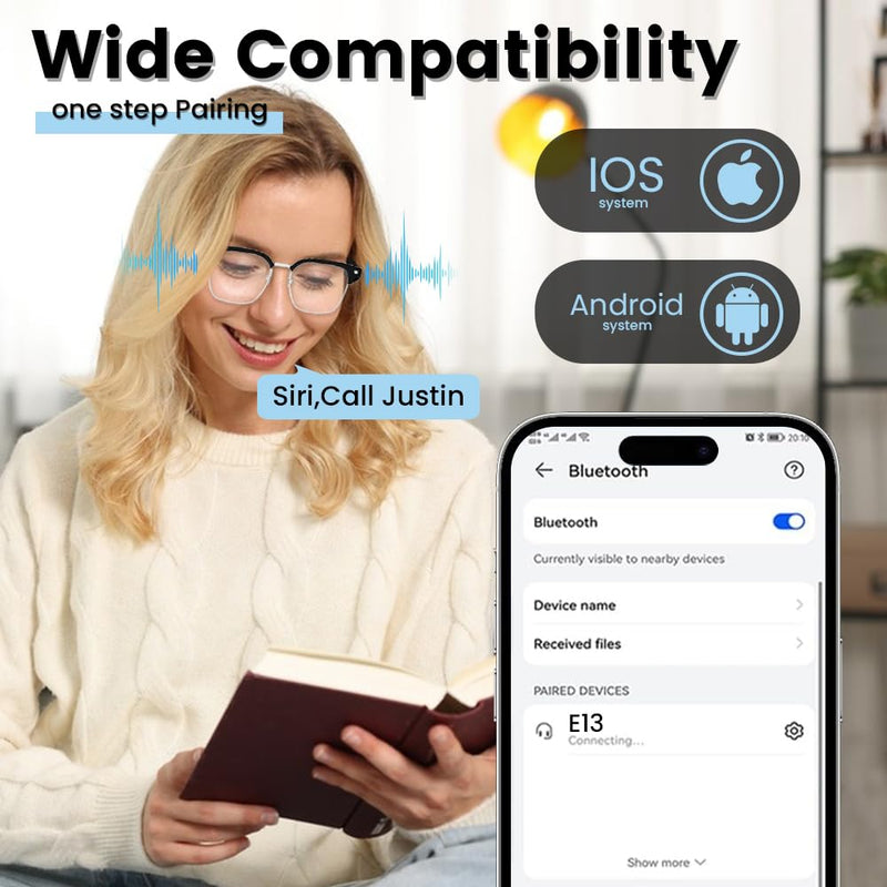 Smart Bluetooth Glasses,for Men & Women, Touch Control, Outdoor UV Protection and Voice Control, Hands-Free Calls (E1306-Black Transparent) E1306-Black transparent