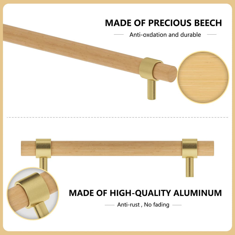 Wooden Drawer Pulls,10-Pack Beech Wood Drawer Handles Knobs,Suitable for Kitchen, Living Room, Bedroom, Bathroom and Other Scenes,Gold 10