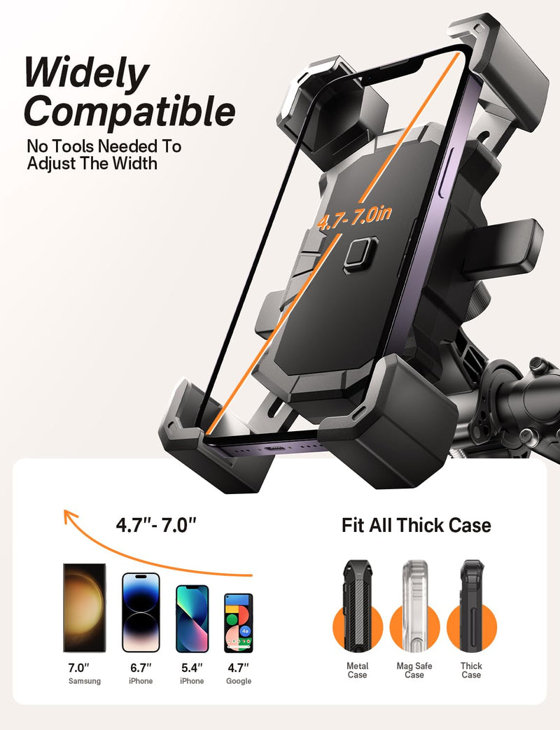 Bike Phone Holder Handlebar,Motorcycle Phone Mount,ATV Cell Phone Clamp,Scooter Phone Clip for iPhone 15 Pro Max14 13 12plus, Samsung S24Ultra S23 and More 4.7" to 7.0" inch Phone