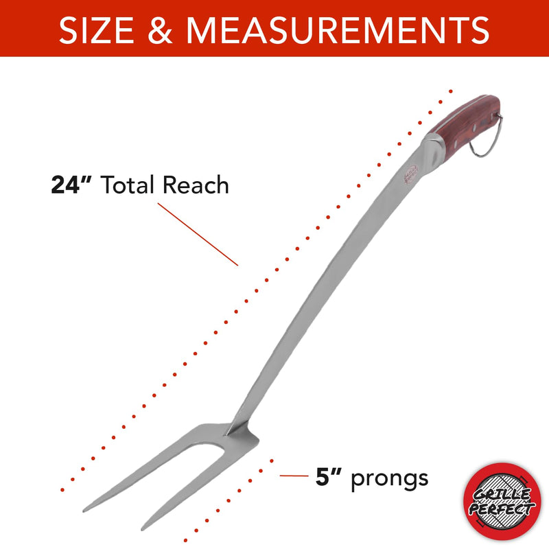 Grill Fork 24-inch Super Long for Grilling Barbecue Griddle and Fire Pit Extra Strong Curved Neck Premium Hardwood Handle Large Stainless Steel Tines for BBQ Outdoor Kitchen and Grilled Food Grilling Fork