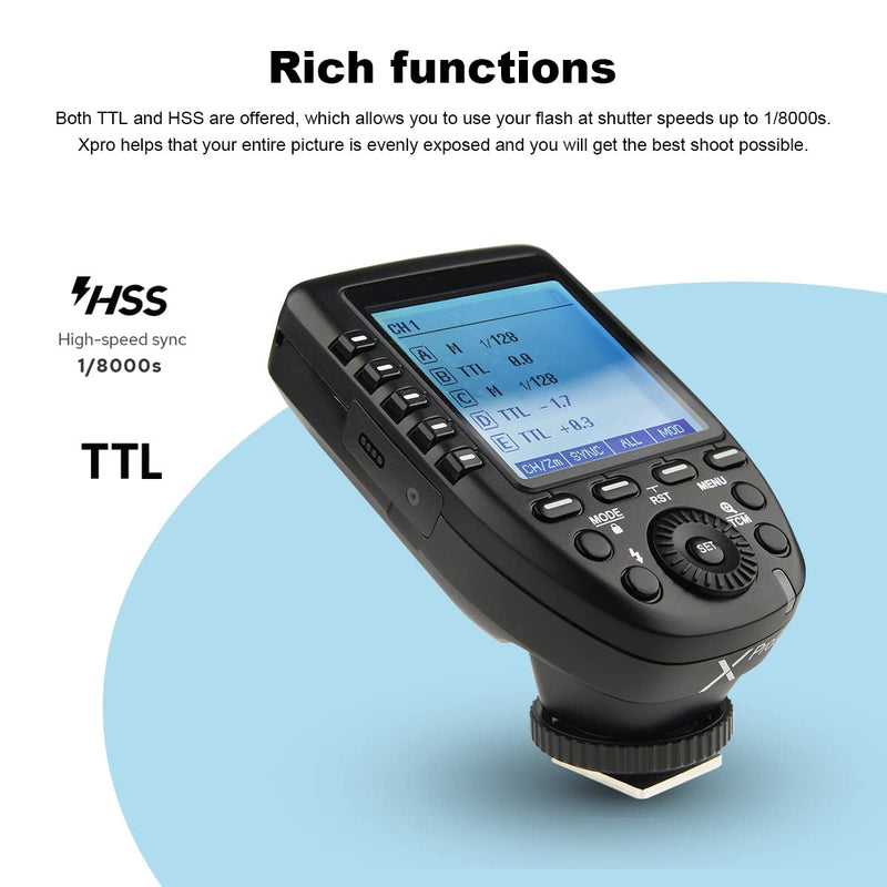Godox Xpro-S TTL Flash Trigger for Sony Cameras Transmitter with 2.4G X Wireless System TCM Function Hss 1/8000s Large LCD Screen Slanted Design 16 Groups and 32 Channels XPRO for Sony
