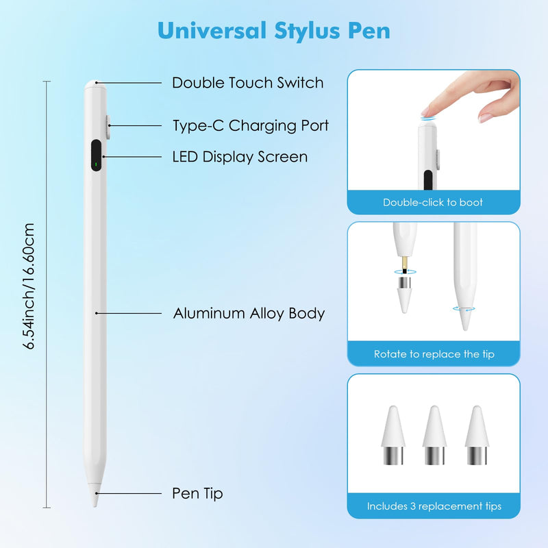 Moko Universal Capacitive Stylus Pencil for Touch Screen, White | Fast Charging, Power Display, Compatible with Apple iPad/iPhone/Samsung/Lenovo, iOS Android Tablets & All Smartphones