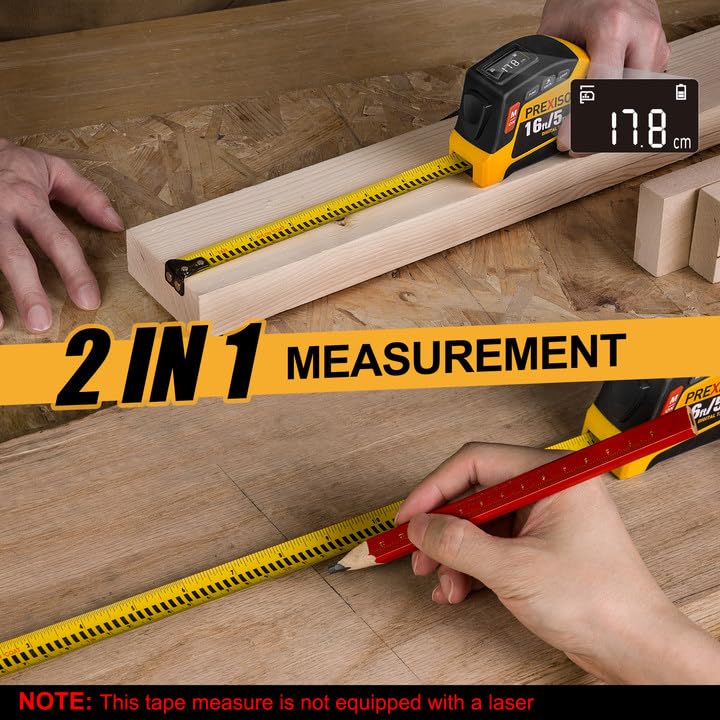 PREXISO 2-in-1 Digital Tape Measure - 16Ft Rechargeable Measuring Tape Ft/Ft+in/in/M/CM/MM - Metric & Inches Retractable Measurement Tape Tool with Auto Lock & Magnetic Tip - Pythagorean, Area, Volume Yellow