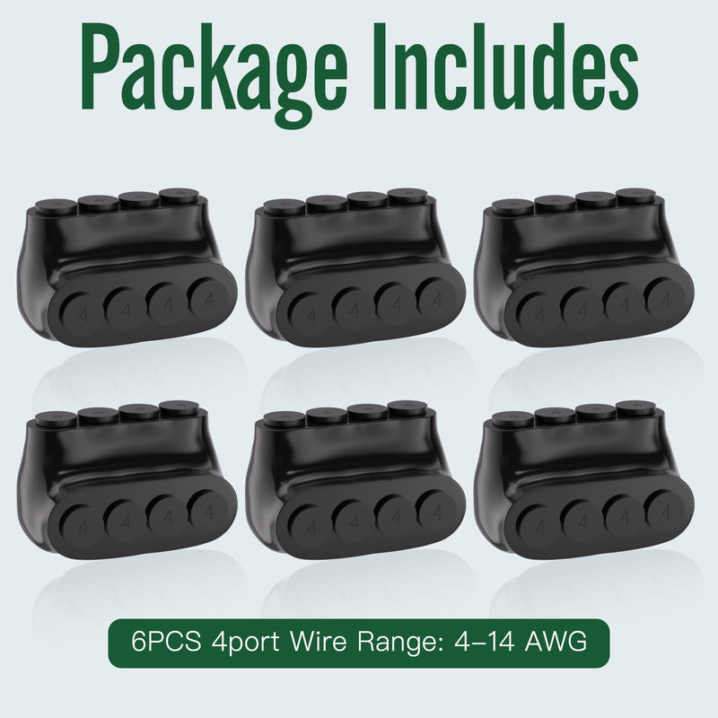 6PCS 4 Port Single-Sided Entry Insulated Multi Tap Connector 4-14 AWG, Electrical Splice Connector, Black Vinyl Coated, Dual-Rated for Copper and Aluminum Wires 6PCS 4port 4-14 AWG