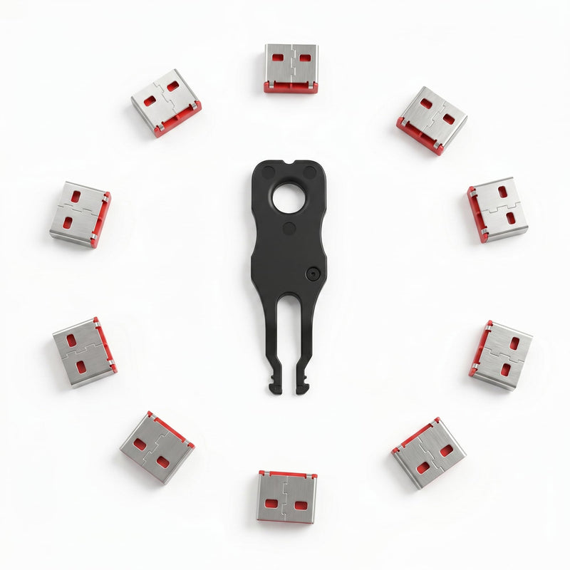 USB A Port Blockers 10 Pack, Two Point Zinc Alloy Locks, 1 Key, Red | Two point locking design, zinc alloy construction, helps deter unauthorized USB access, removable with included key Red - 10 Pack