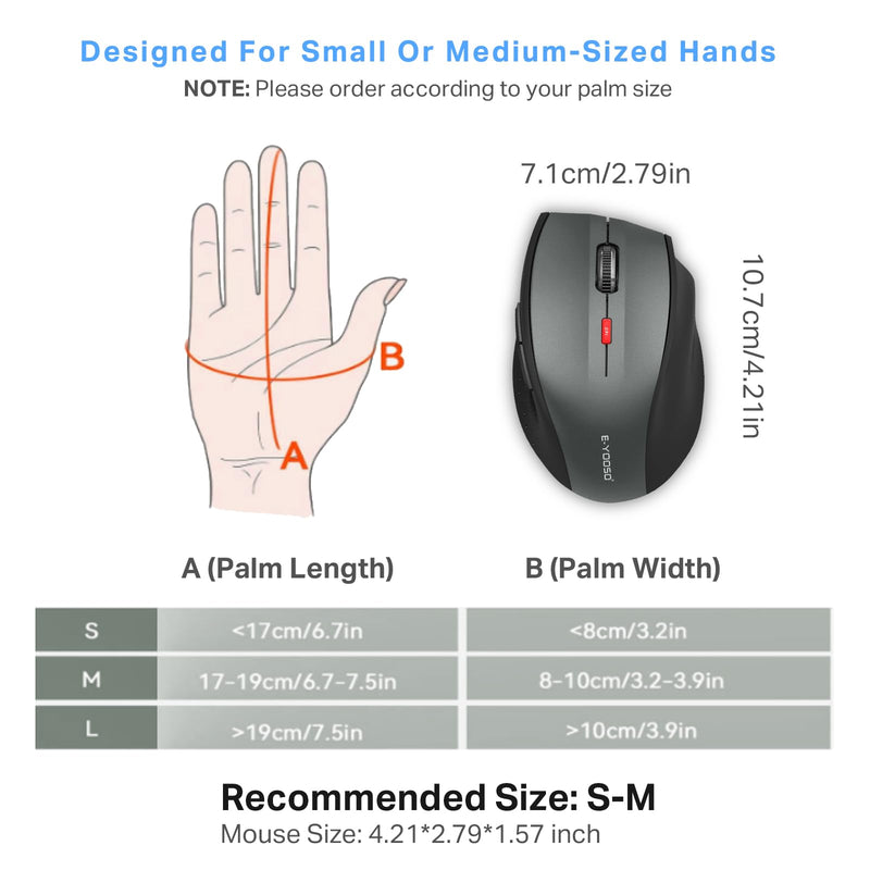 E-YOOSO Wireless Mouse for Laptop, Silent Portable Computer Mouse with 6 Buttons, 4800 DPI, 18 Months Battery Life, 2.4GHz Quiet Optical USB Mouse for PC Chromebook Windows Mac Gray & Black