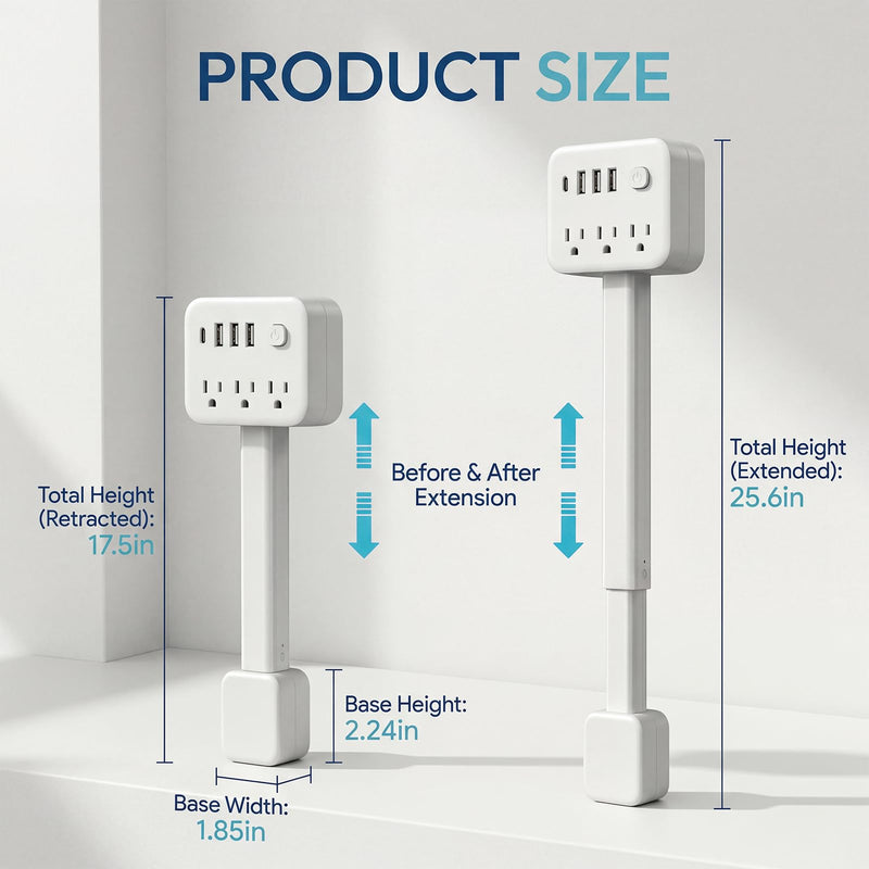 GIRAVO Extendable Outlet, Wall Plug Extension for Behind Couch, Sofa | 17.5-25.6in, 180 Degree Rotating Plug, 3 AC Outlets, 2 USB-A + 1 USB-C