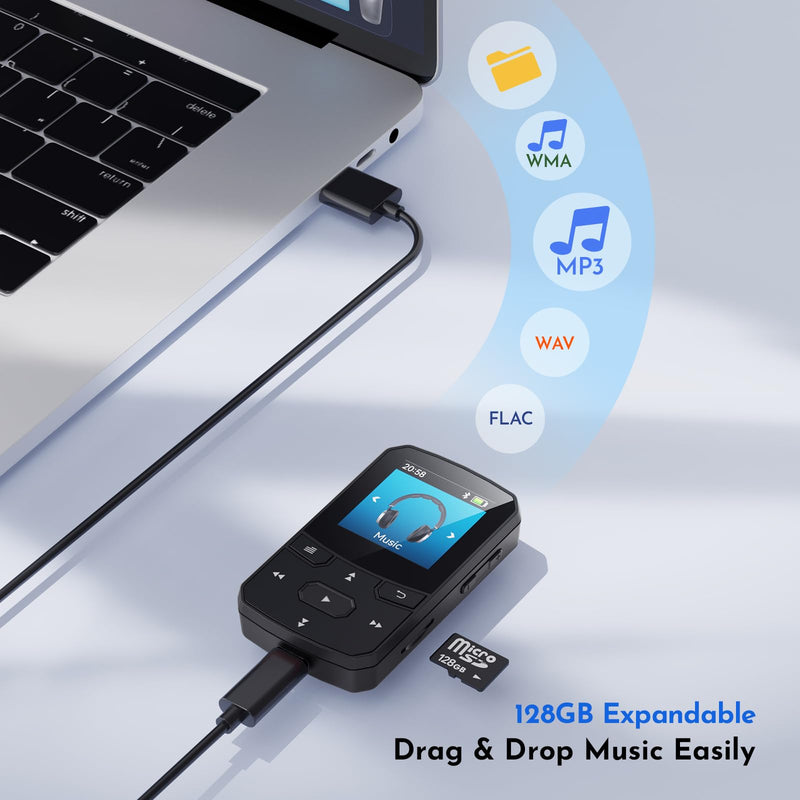 RUIZU 64GB Clip MP3 Player with Bluetooth 5.3 Auto-Reconnect, Weighs 1 oz | Portable Music Player for Sports Running, Physical Button, FM Radio, Voice Recorder, 1.5" Screen, Support 128GB microSD Card Black