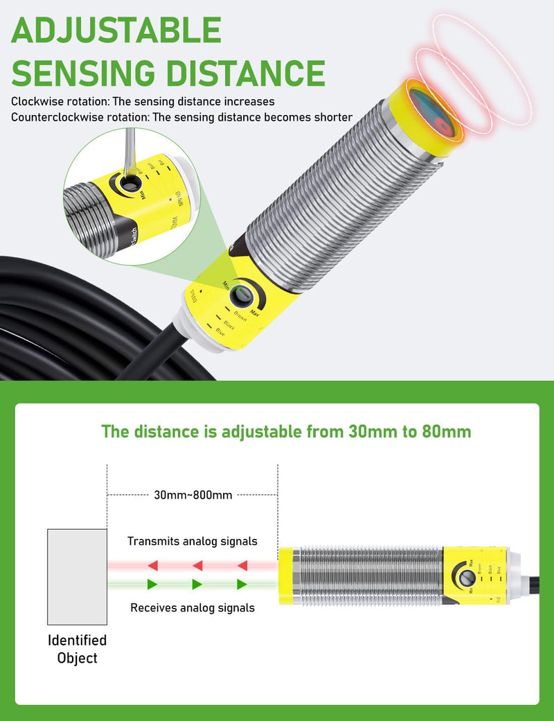 DIHOOL Photoelectric Proximity Sensor, Laser Motion Switch,IP65 Waterproof, Normally Open NPN NO, M16, 3 Wires,12V/24V Input(10-30VDC), Detection Distance Adjustable from 3cm to 80cm