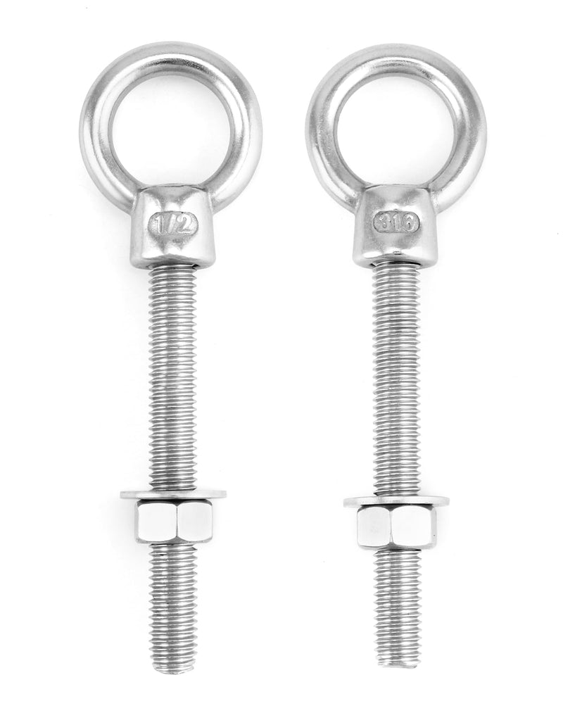 QWORK 316 Stainless Steel Machinery Eye Bolt with Shoulder, 5 Pack 1/2"x4" Long Stainless Steel Marine Grade Shoulder Eye Bolt, Threaded Eyebolts