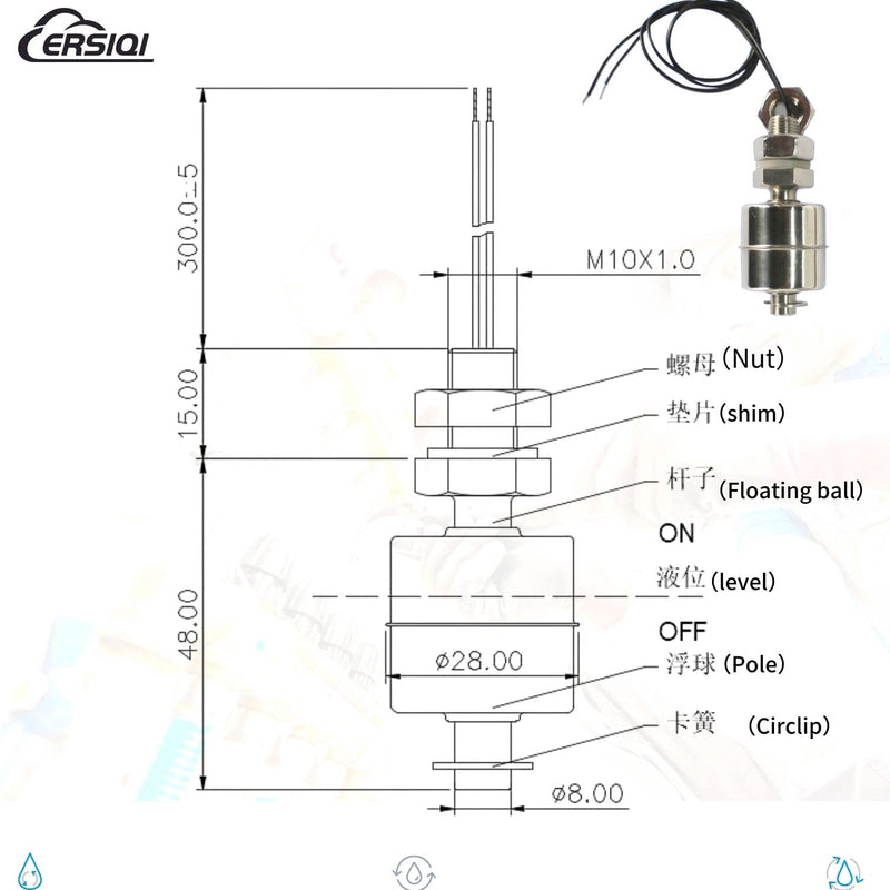 ONLYWON Water Level Sensor & Float Switch for Boat Bilge Pump & Oil Level Sensor & Liquid Level Sensor, High Temperature Resistance 150C & 304 Stainless Steel Vertical Float Switch (Always Open) Vertical liquid level float detection switch