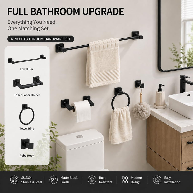 Matte Black Bathroom Hardware Set 4 Pieces,Bathroom Accessories Set Stainless Steel Wall Mounted, Hand Towel Bar, Towel Ring, Robe Towel Hooks,Toilet Paper Holder,Towel Bar Set, 23.6 Inch Matte Black 23.6Inch