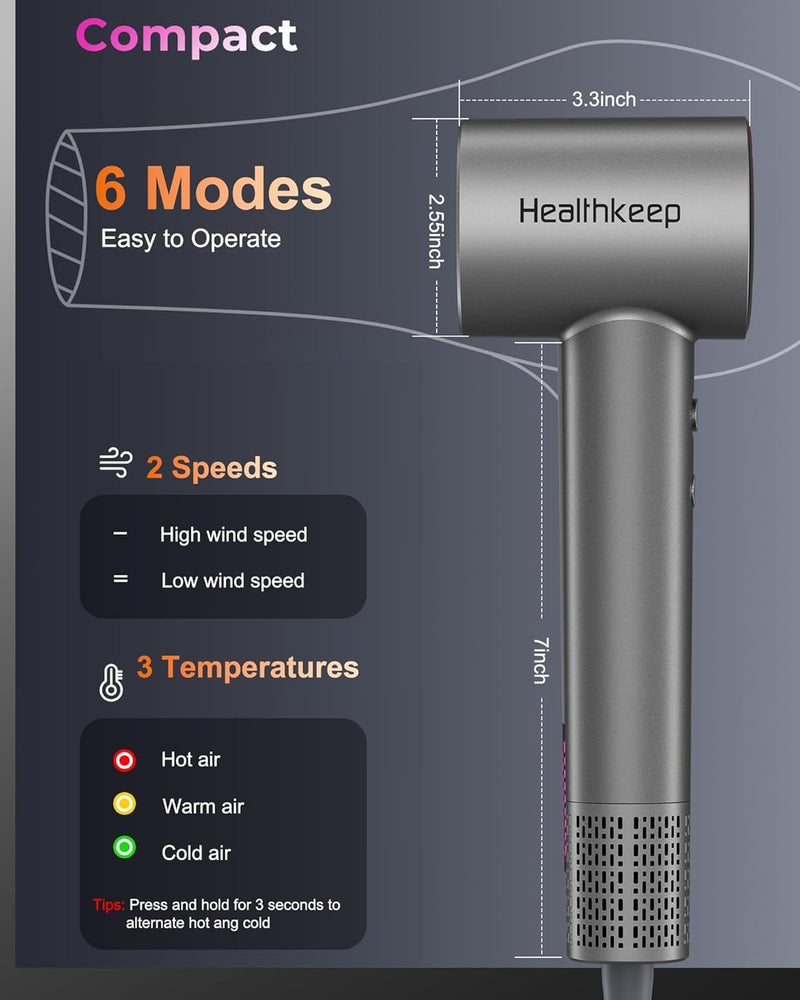 Healthkeep Hair Dryer with 2 Diffuser for Curly-Hair, High-Speed Constant-Temp 5 Mins Make Hairstyle, 200M Negative Ionic Blow-Dryer Moisturizing and Hair-Care, Low Noise 150,000 RPM Brushless Motor