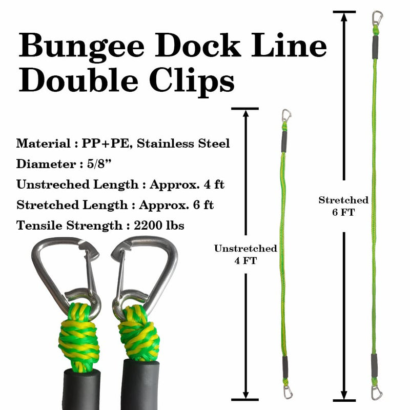 Bungee Dock Line with Double 316 Stainless Steel Clips Floatable Mooring Rope Boat Snubber Docking Rope for PWC, Boat Accessory for Kayak, Watercraft, Bass Boat, SeaDoo, 4FT, 2 Pack Green and Yellow