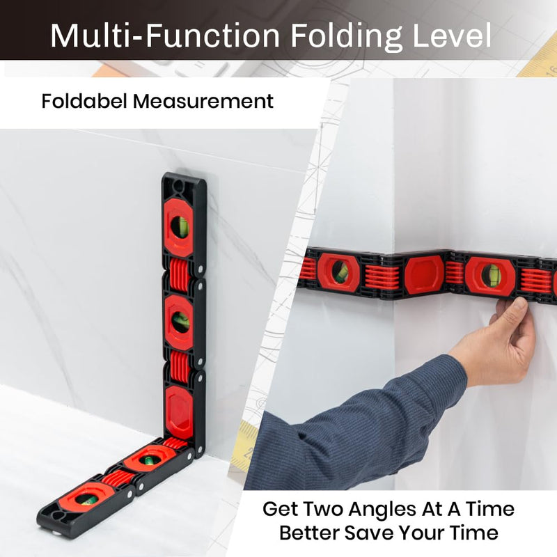 Folding Level, Multi-Angle Magnetic Level Ruler with 5 Hinged Sections, 4 Bubble Vials for 0°/45°/90° Reading, Compact Foldable Tool for Woodworking, Carpentry and DIY