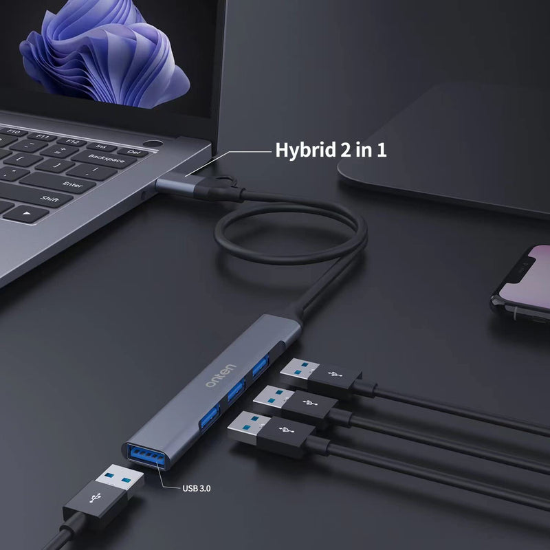 USB Hub, ONTEN USB C to USB Adapter, USB C to USB A Hub with 1.6ft Cable,4 Ports USB-C USB Hub 3.0/2.0, for MacBook Pro, iMac 2021, USB Splitter Aluminum Alloy, Color Gray blue