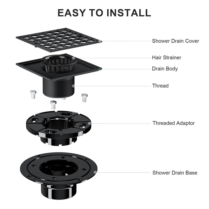 4 Inch Shower Floor Drain with Flange, Matte Black Shower Drain, Octagon Pattern Removable, SUS 304 Stainless Steel High Flow Shower Drain kit,Hair Strainer, Watermark&CUPC Certified(Octagon) Octagon Matte Black