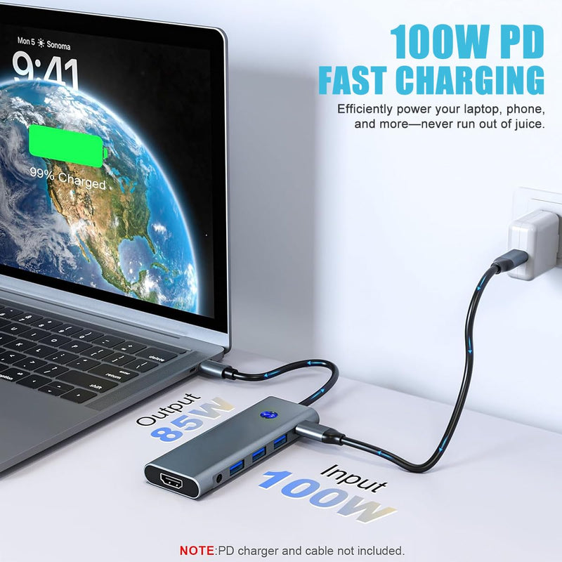 9-in-1 USB C Hub with 100W PD Charging, 4K HDMI, USB 3.0/2.0, SD/TF Card Reader, Audio Jack – Compact Adapter for MacBook, Windows, iPad, Linux & More