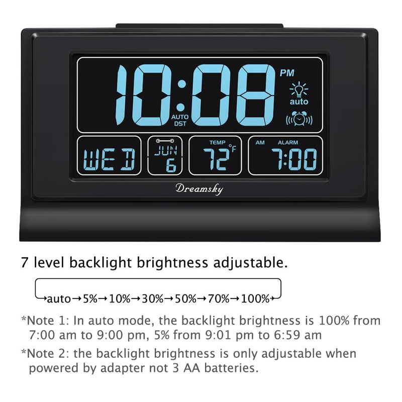 DreamSky Alarm Clocks for Bedrooms with Battery Backup, Auto Set Digital Clock with Date and Day of Week, Temperature, USB Port, Auto DST, Dimmer, 12/24H Black
