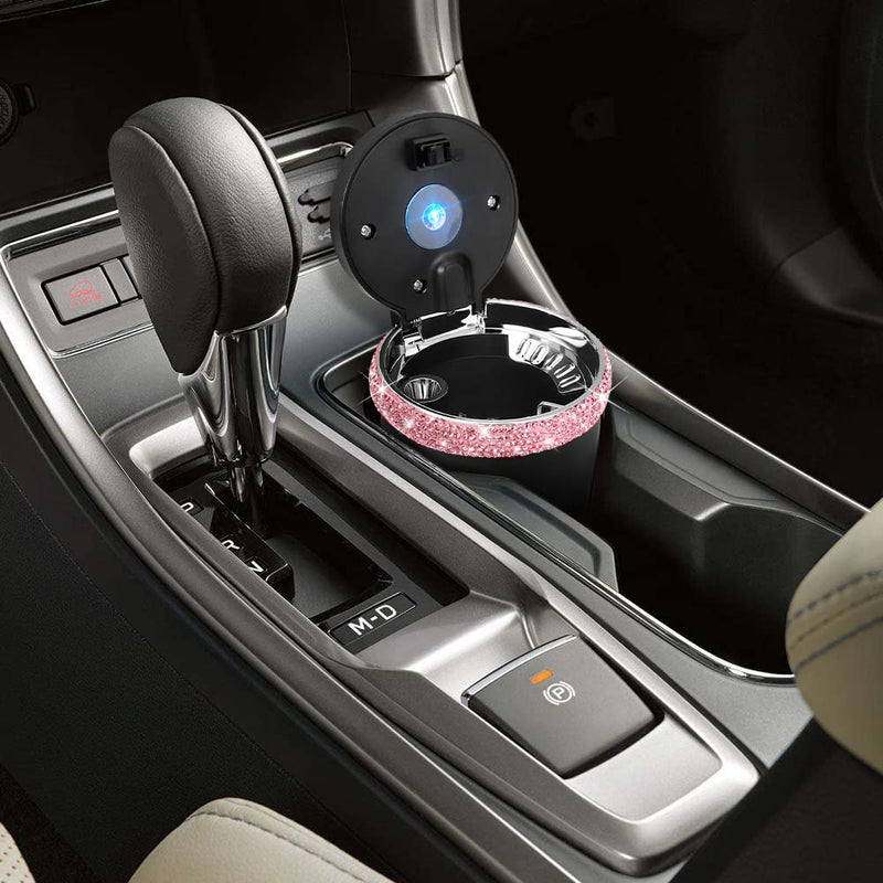 SAVORI Car Ashtray for Women Men, Portable Bling Cigarette Smokeless Cylinder Cup Holder with Blue LED Light Indicator Car Accessories (Pink) Pink