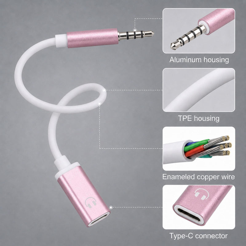 Pink UsbC Female to 3.5mm Male UsbC Female to Aux Male Audio Adapter Headphone Jack Adapter USB-C to Aux Cable Cord Compatible with Smartphones, Tablets, Laptops, MP3 Players
