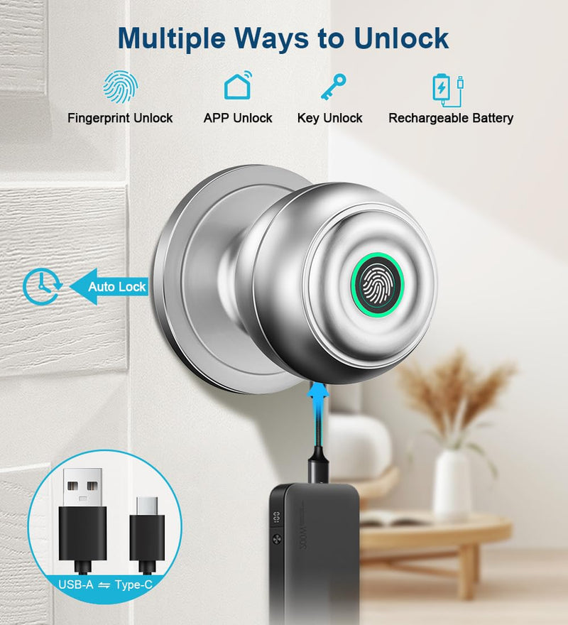 KLLOQUE Fingerprint Door Lock, Smart Fingerprint Door Knob with Lock, Biometric Door Locks with App Control & Key, Keyless Thumbprint Entry Door Locks for Bedroom, Front Door, Home, Apartment-Silver With App-Silver