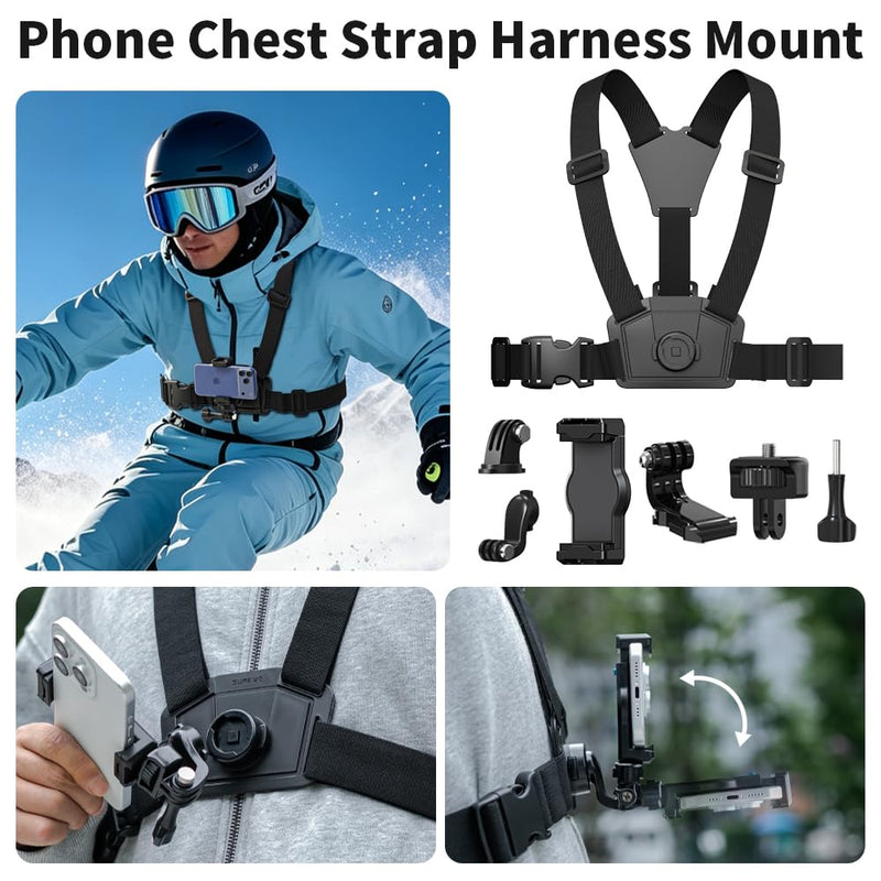 4 in 1 Phone Accessories Kit, Quick Release Head Strap Mount + Chest Mount Harness + Backpack Clip Holder + Palm Strap Kit for POV/VLOG,Cell Phone Clip Compatible with iPhone,Samsung and More Phones