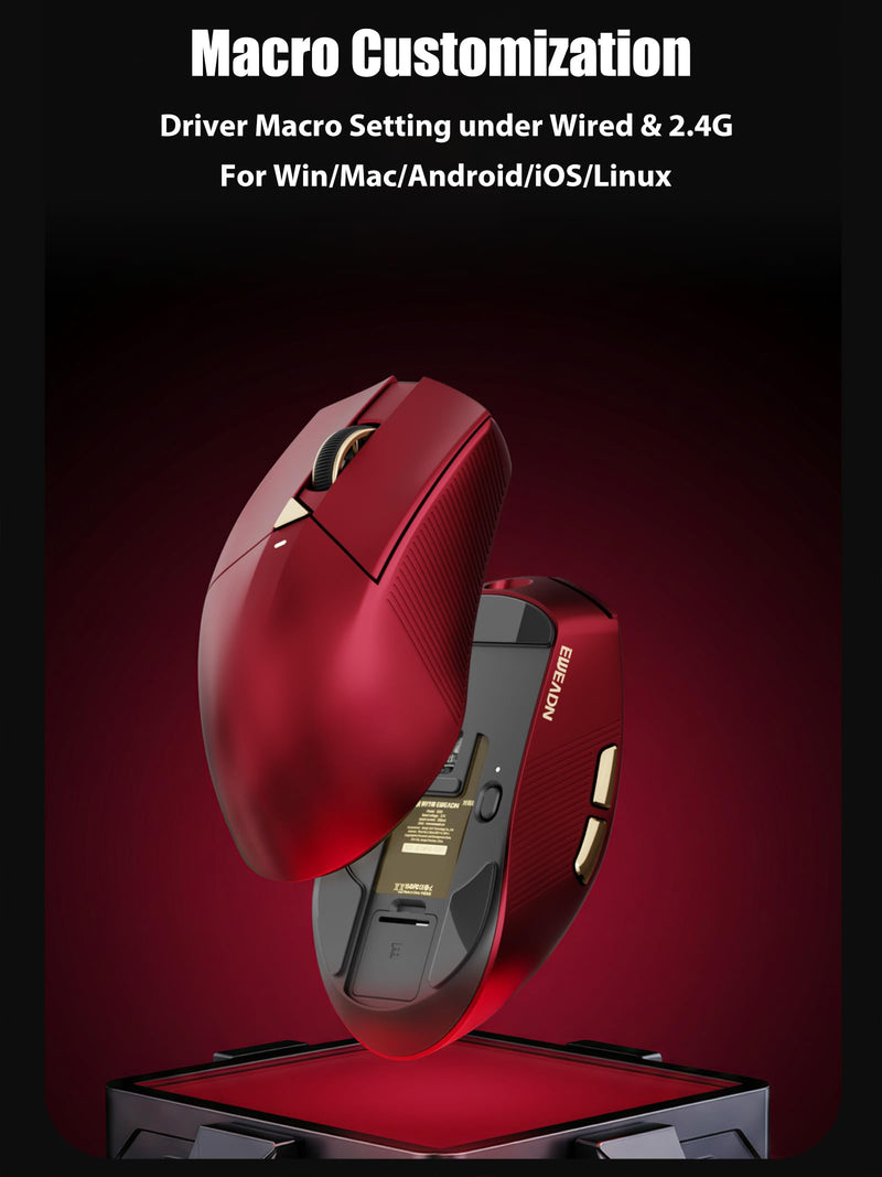 Wired/Wireless Gaming Mouse, Tri-Mode 2.4G/BT/USB-C, PAW3311 Sensor | 12800 DPI, Dual 1K Polling Rate, 62g Lightweight, 800mAh, Macro Programmable, Ergonomic Mouse for Win/Mac/PC/Laptop, Red