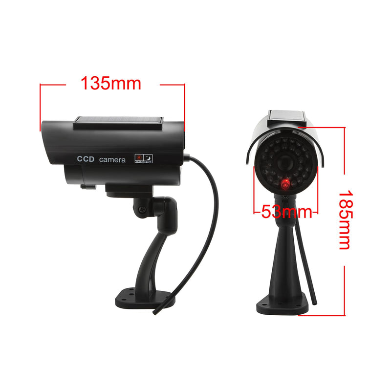 Twilight Garage Dummy Camera, 2 Pack Solar Powered Bullet Simulated CCTV Fake Security Cameras with Flashing Red LED Light & Warning Security Alert Sticker, Indoor Outdoor Use(Black)