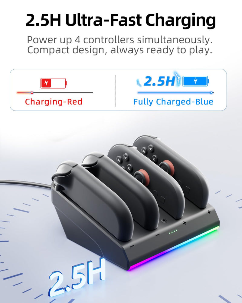 Charging Dock for Nintenndo Switch 2 Joycon, AOJAKI Accessories for Switch 2, Charger Station for Joycon, 4-in-1 Magnetic Fast Charger with RGB Light Modes, Smart Chip, Anti-Slip Base