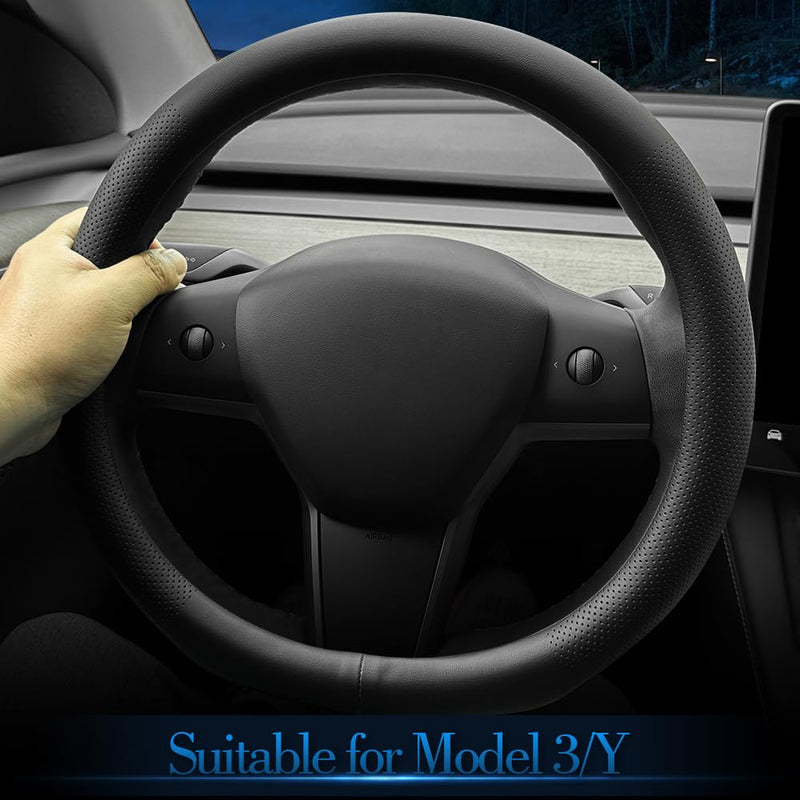 LKWLIKEI Nappa Leather Ultra-Thin Steering Wheel Cover, for Tesla Model 3/Y Steering Wheel Cover, Non-Slip Design and Interior Modification of car Accessories (Black) Black2