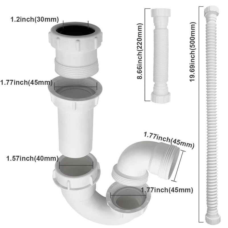 White 1 1/4" and 1-1/2" P-Trap Plumbing Kit with Threaded Adapter, J-Bend for Restroom Sink Kitchen Sink Drain Pipe, Flexible Extension Tube Drain Tailpiece