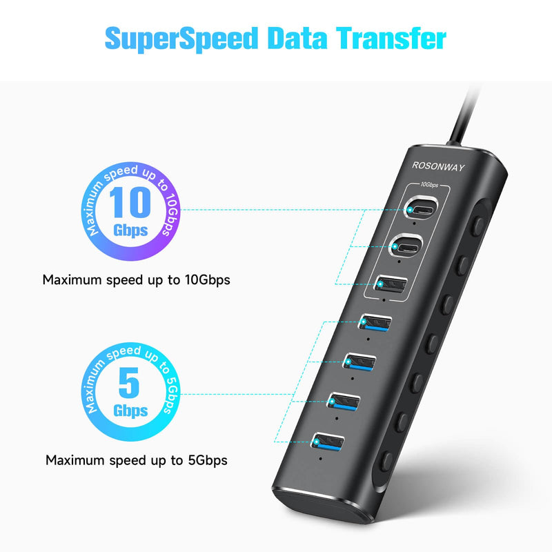 Powered USB Hub, Rosonway 7-Port USB 3.2/USB C Hub with 10Gbps USB-A 3.2, 2 USB-C 3.2, 4 USB 3.0 Ports, Individual Switches and 12V Power Adapter, Aluminum USB Port Expander for Laptop/PC, RSH-A107C