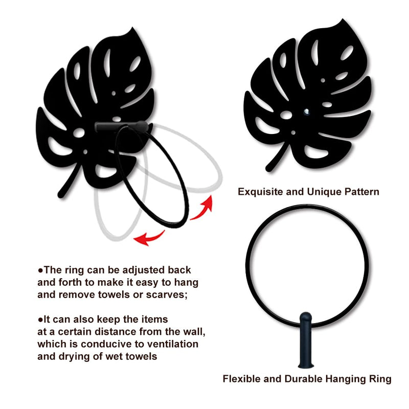 MAYJOYDIY Monstera Leaf Metal Towel Ring Leave Shape Towel Holder Plants Theme Rustic Wall Decor Towel Hanger Black Art Towel Rack Wall Mounted for Bathroom Kitchen Home Decors Gift