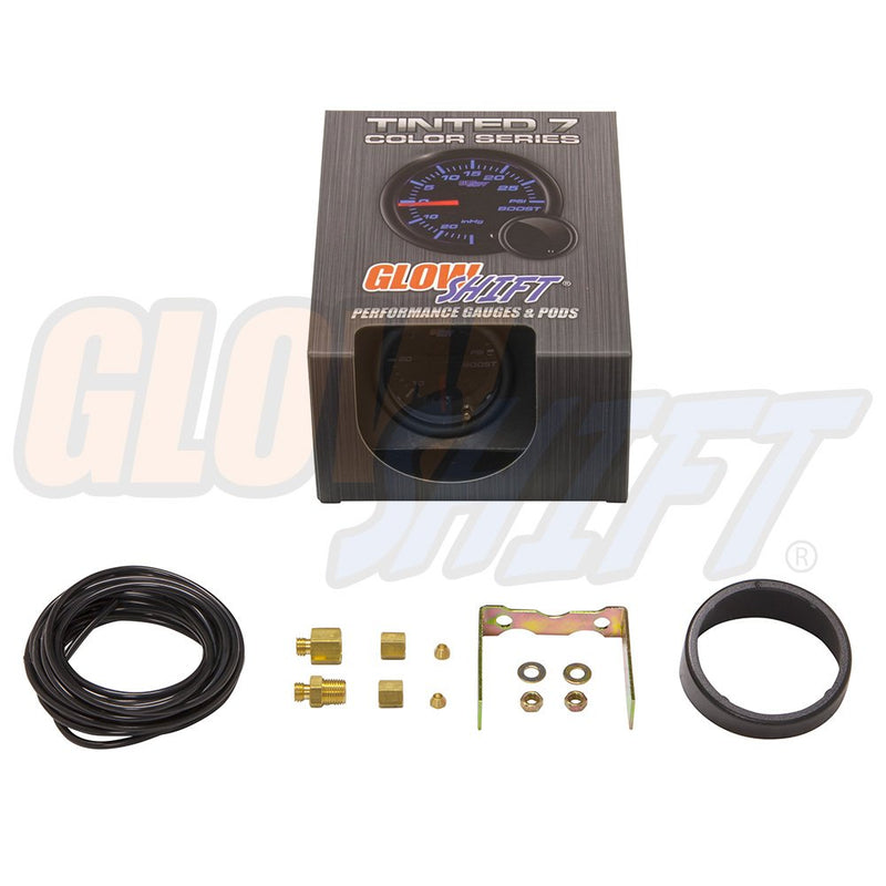 GlowShift Tinted 7 Color 60 PSI Turbo Boost Gauge Kit - Includes Mechanical Hose, 1/8-27 NPT Fittings & Wiring - Multi-Color Display - Black Dial - Smoked Lens - for Diesel Trucks - 2-1/16" 52mm