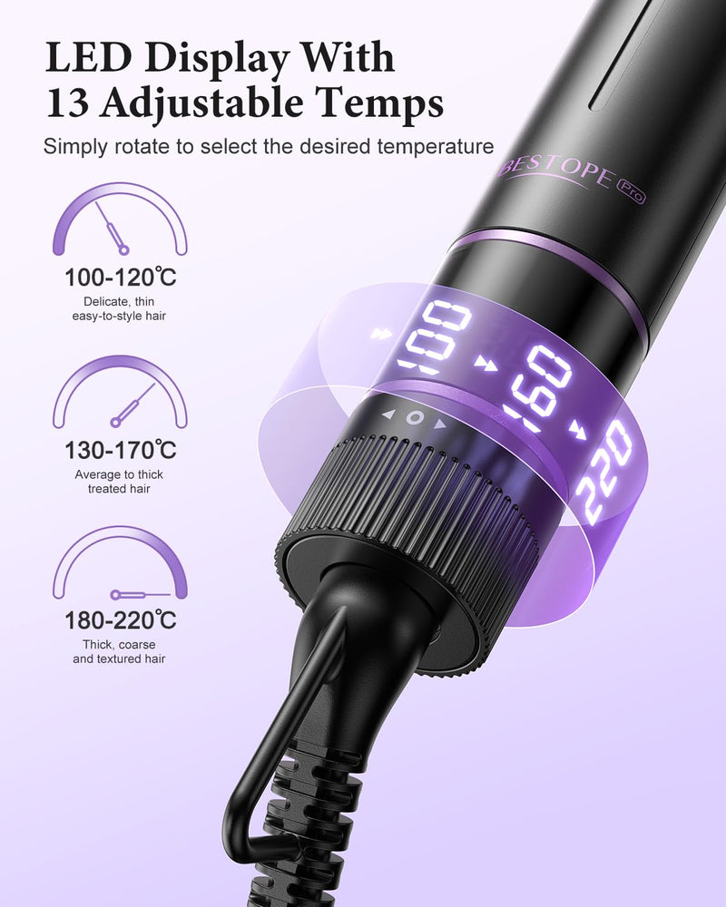 BESTOPE PRO 5 in 1 Curling Wand Set, Ceramic Interchangeable Barrels with Thermal Brush & Straightener, 13 Temp LED Display, Heat Resistant Accessory Kit Purple