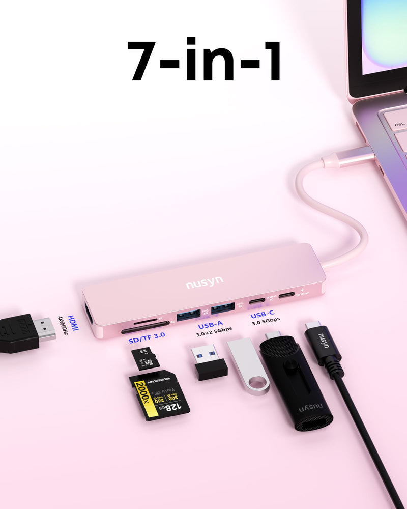 7-in-1 USB C Hub with 4K@60Hz HDMI, 2 USB-A, 1 USB-C, 100W PD Charging, SD 3.0 /TF 3.0 Card Reader, Compatible with MacBook Pro/Air/Neo, iPad Pro, iMac, iPhone 15-17 (Blush) Blush