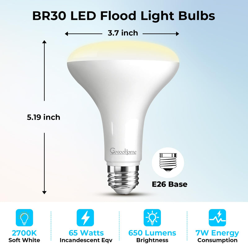 GvvooHome 12 Pack BR30 LED Flood Light Bulbs, 7W (65W Equivalent), 2700K Soft White, 650 Lumens, E26 Base, Dimmable, Indoor Recessed Can Lighting for Living Room, Bedroom, Kitchen
