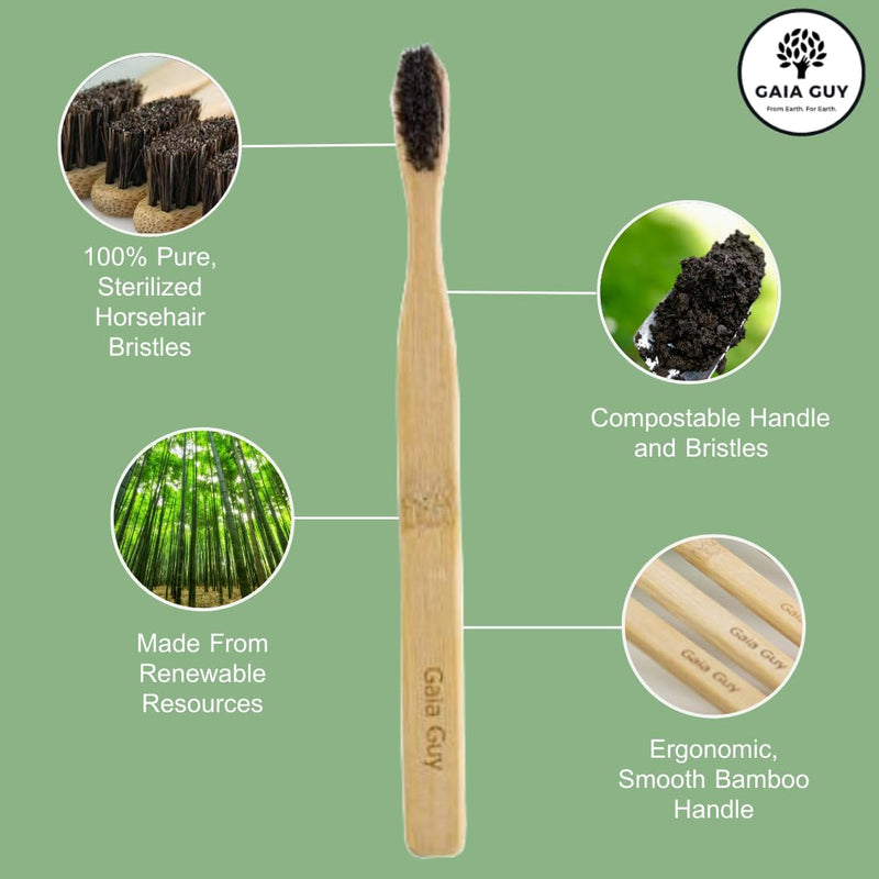 Gaia Guy Natural Bristle Bamboo Toothbrush Family Pack (NO Nylon - Horsehair ONLY) - Totally Compostable & Biodegradable Horse Hair Bristle and Bamboo Toothbrushes - Zero Waste - 4 Kids and 4 Adults