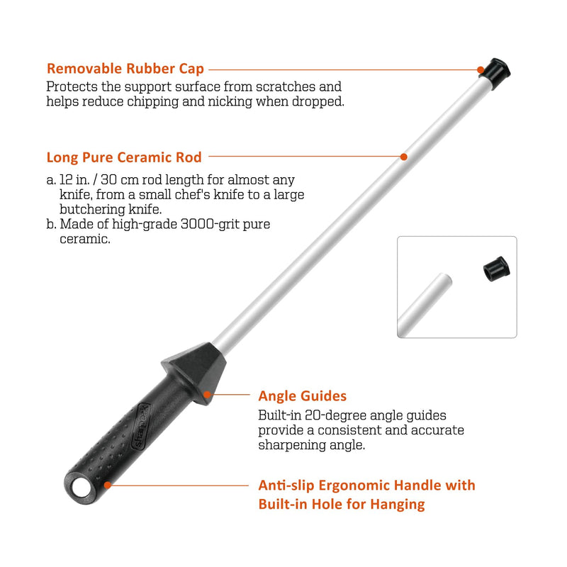 Total L.17.5-Inch/Rod L.12-Inch 3000-Grit Ceramic Sharpening Steel with Built-In Angle Guides and Anti-Breaking Cap, Sharpening Rod, Knife Steel, Ceramic Honing rod, Chaira Afilador Cuchillos
