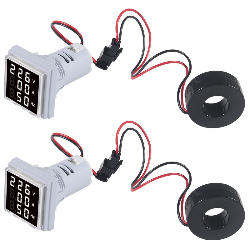 2PCS 3 in 1 22mm LED Digital Voltmeter Ammeter AC 60-500V 0-100A 20-75Hz AC Current Frequency Meter Indicator Digital Voltage Amp Tester with CT (White) White