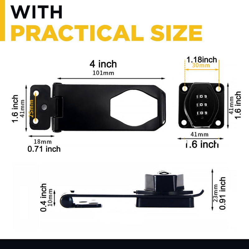 VIDYSUFYR Password Rotary Hasp Locks, 2 Pack Door Security Slide Latch Lock,Black Digit Combination Lock for Small Doors, Cabinets, Barn Door, Bathroom, Outdoor, Garage, Garden 4 Inch Black