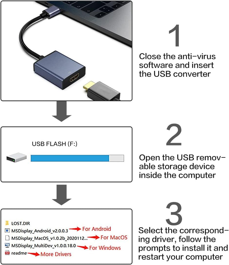 USB to HDMI Adapter | 3.0/2.0 Multi-Monitor Cable,Compatible with Windows 7/8/10/11 and MacOS for Multiple Monitors Gray