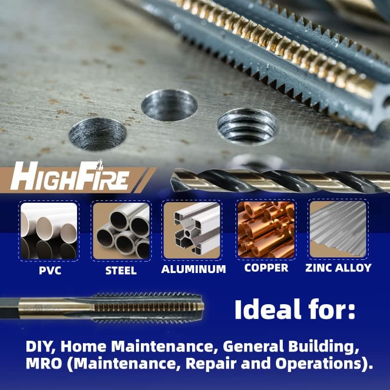 HIGHFIRE 18-Piece Metric Drill and Tap Set with 1 Piece T-Handle Ratchet, Black and Gold Premium HSS Jobber Length Drill Bits and Hand Plug Taps with Metal Indexed Box 18PCS metric