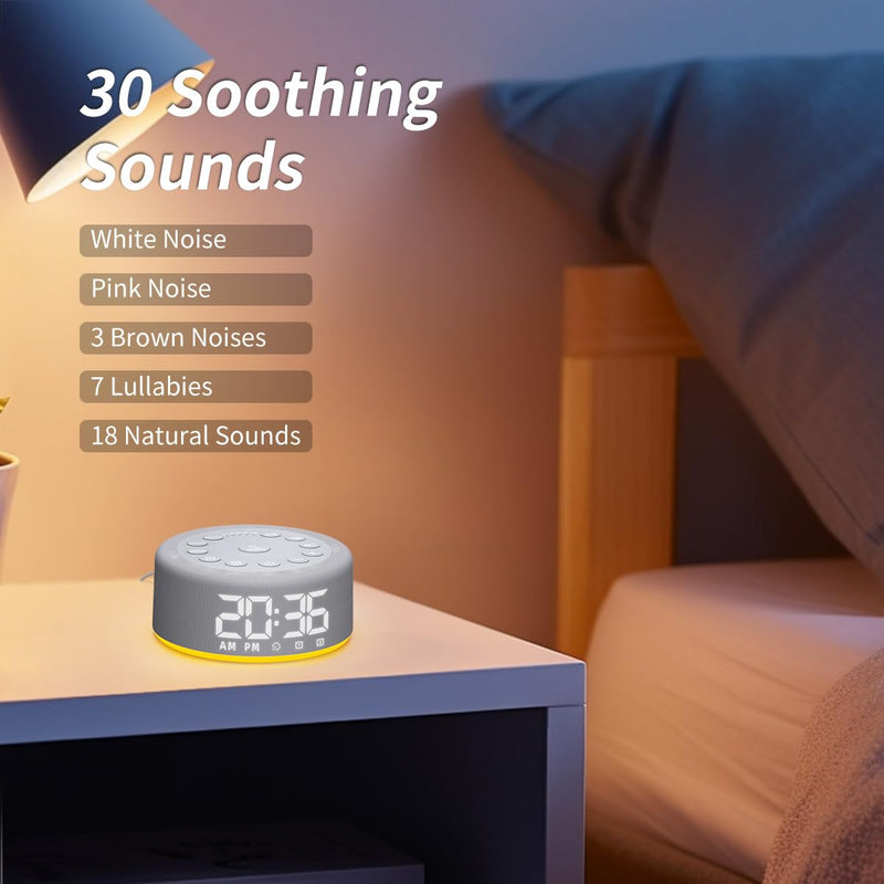 Plug-in Sound White Noise Machine Brown Noise Machine & Alarm Clock with Rechargeable Backup Battery Night Light Dual Alarms 30 Sleeping Sounds for Baby Kids Adults 5 Timers 15 Wake Up Sounds & Memory Grey F4