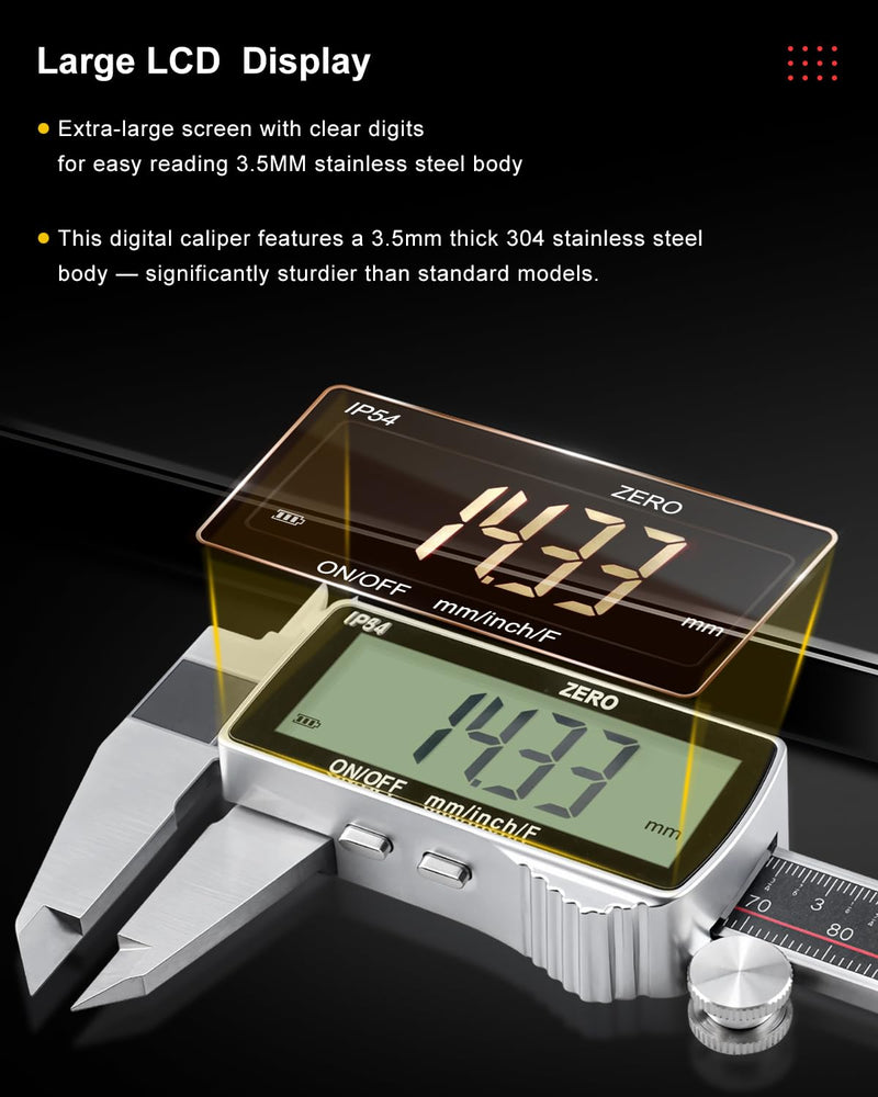 GODESON Digital Caliper, Rechargeable Digital Micrometer-IP54 Waterproof, Stainless Steel & Large LCD Screen Caliper Measuring Tool-Inch/Metric/Fraction,6" Calipers-Auto Off for Pros & DIYers 6-INCH Micro-B