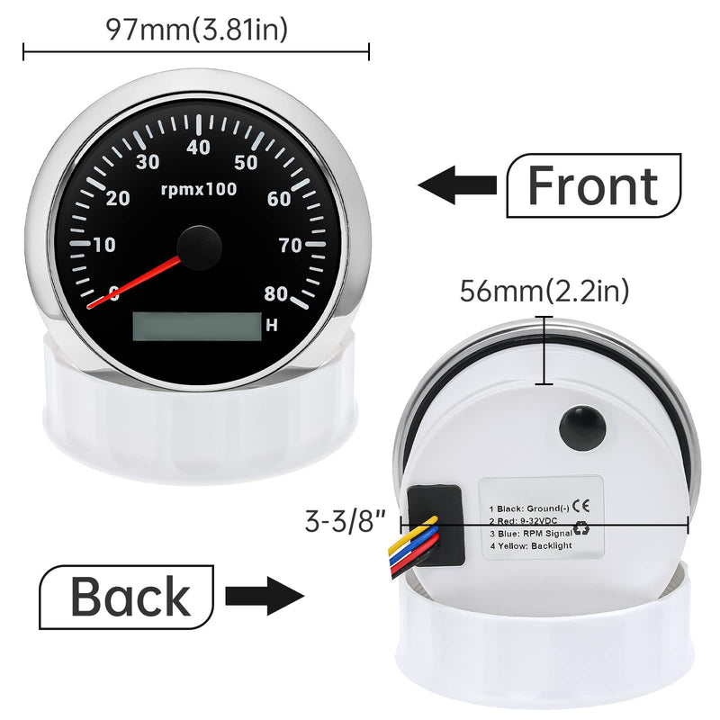 ARTILAURA Tachometer 85mm 3-3/8" Boat Tachometer 7 Color LED RPM Gauge Tacometro Meter Automotive Replacement Tachometers 8000 RPM for Car Auto Marine Truck 9-32V (Black) Black and Silver