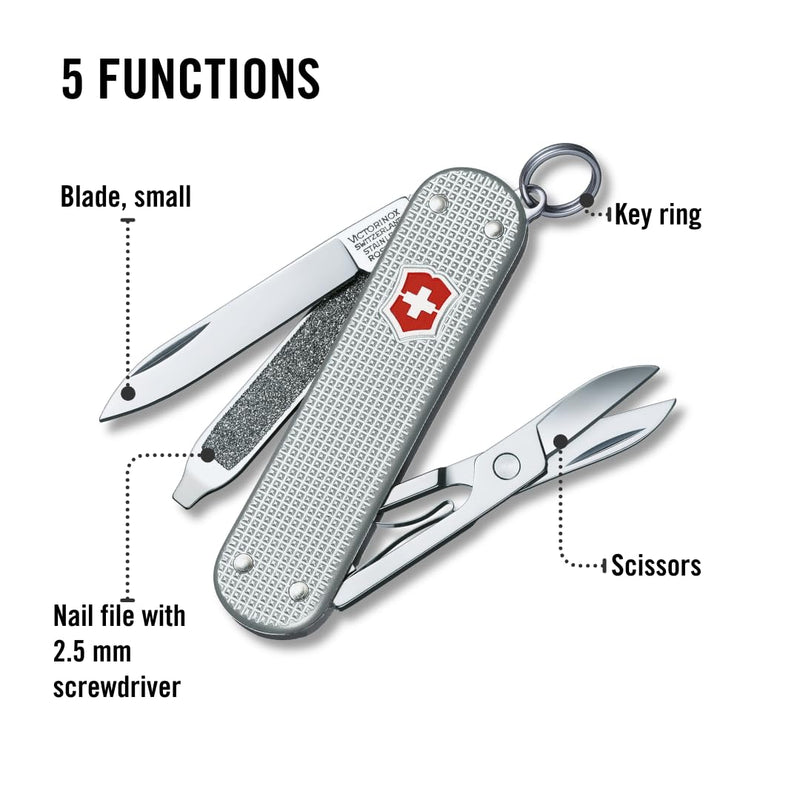 Victorinox Swiss Army Classic Pocket Knife (Silver Alox) | Swiss-made pocket knife, 5 functions, silver Alox scales, keychain carry, everyday tasks, compact EDC Classic SD Alox