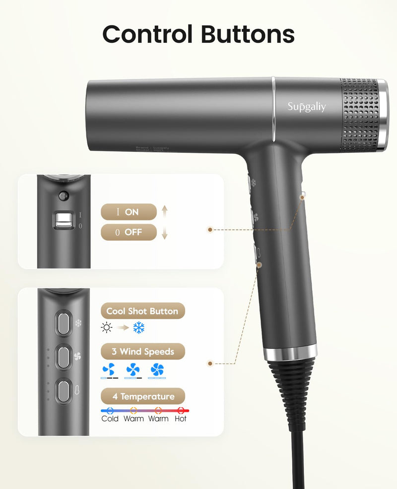 Ionic Hair Dryer 2000W High-Speed Fast Drying, 268g Lightweight, 110,000 RPM Brushless Motor, Low Noise, Travel Hairdryer with Diffuser & Concentrator, UK Plug, for Women Family Salon (Gray) Gray
